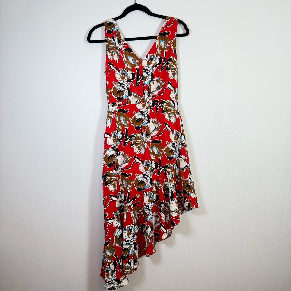 Sam Edelman Floral High Low Midi Dress Red Sleeveless Ruffle Asymmetrical Small